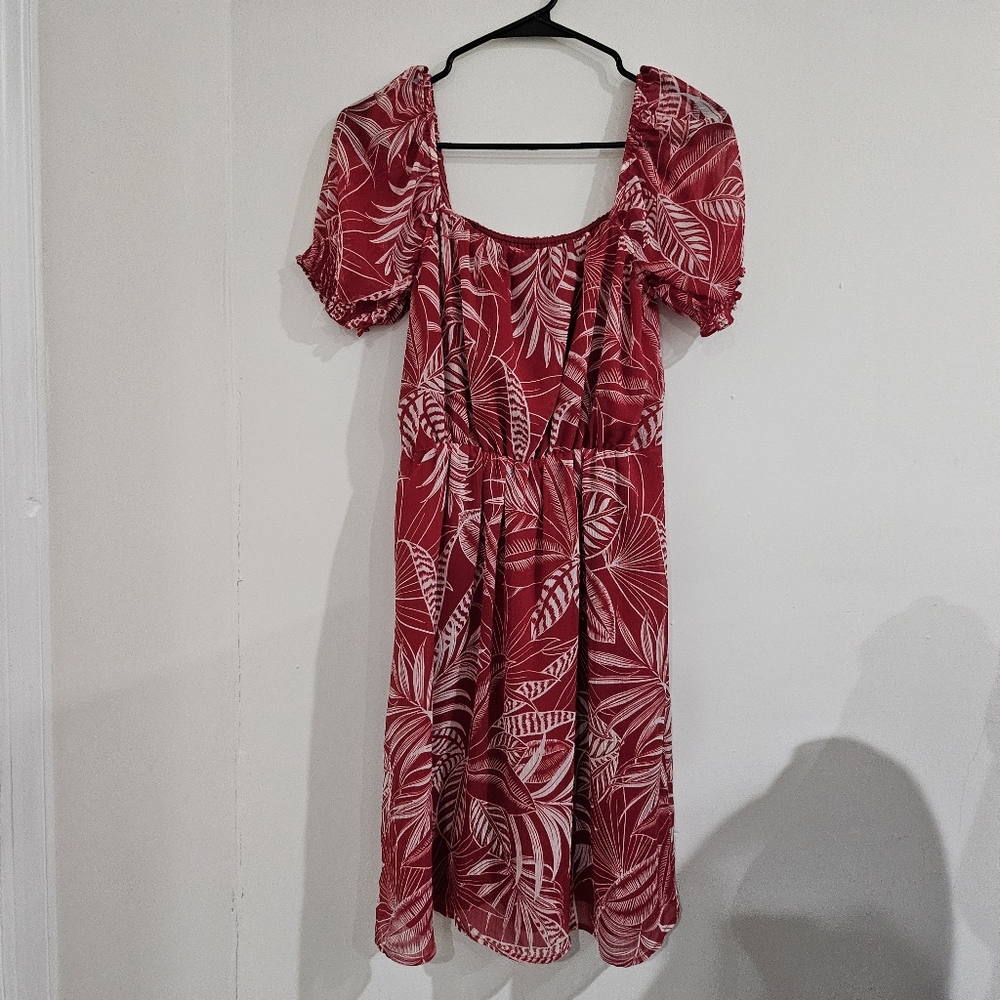 Banana Republic Red and White Tropical Midi Dress With Puff Sleeves Size S